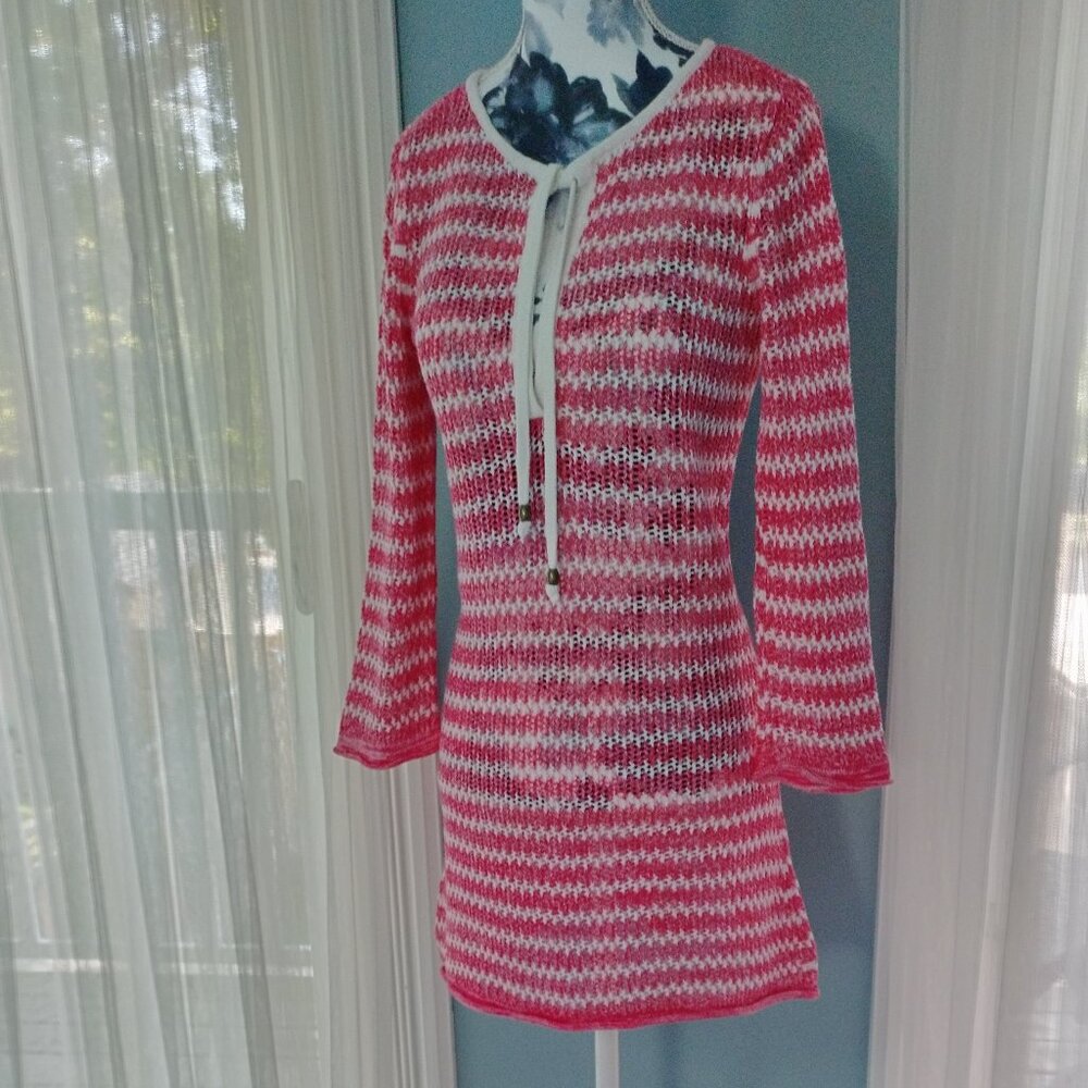 Tommy Bahama Linen Blend Coral Stripe Sweater Knit Dress, XS - Picture 2 of 10